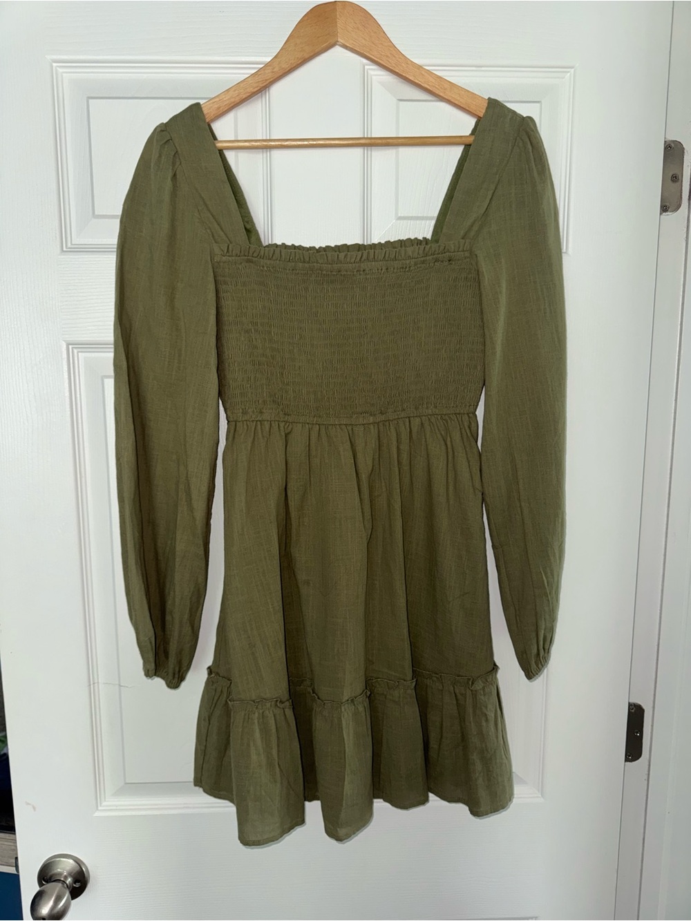 Altar'd State Olive Long-Sleeve Smocked Mini Dress